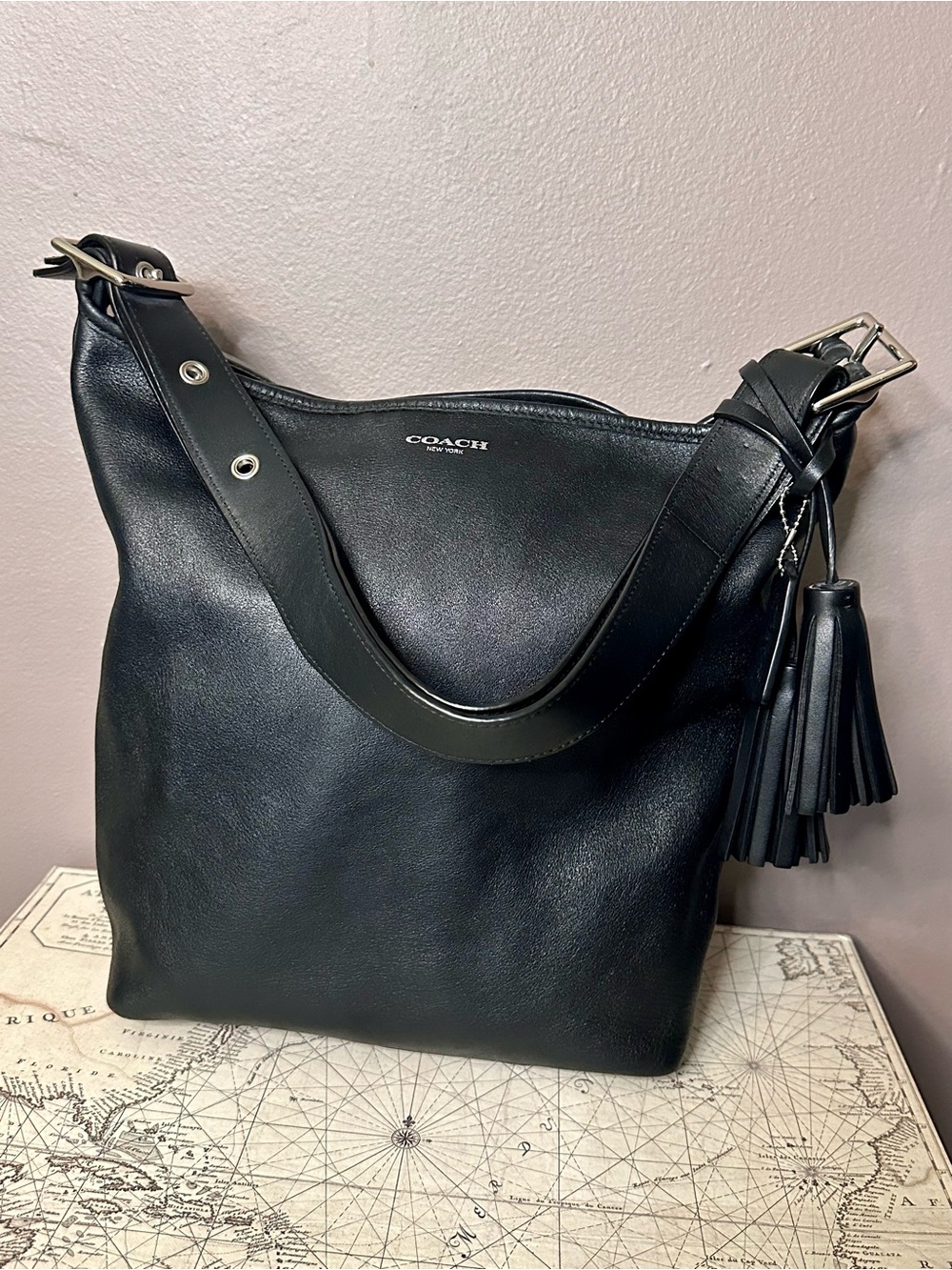 Coach Legacy Leather Tassel Duffle Bag Black Silver 19889 Crossbody Hobo